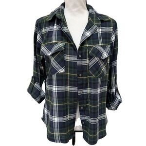 Sam Edelman Womens XS Green Plaid Zipper Shoulders Detail Long Sleeve Blouse